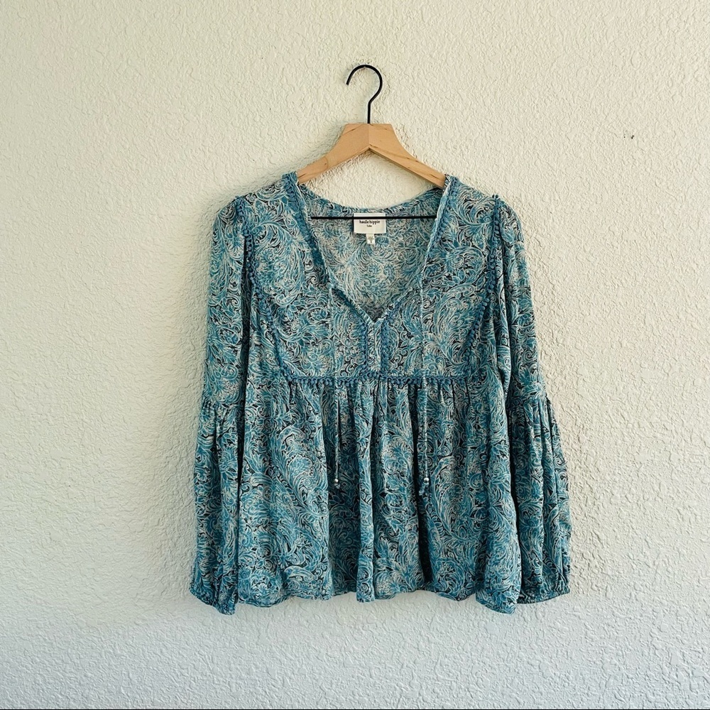 Haute Hippie Tribe Blue Tassel  Long Sleeve Peasant Blouse - Picture 2 of 14